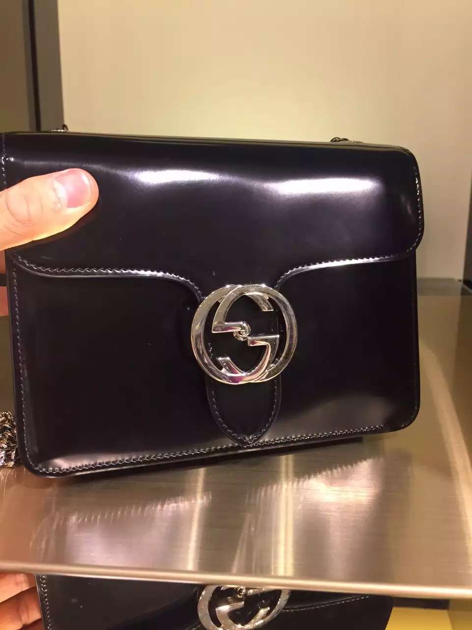 Real Gucci Interlocking Polished Shoulder Bag 387609 Black